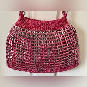 Crocheted Purse Recycled Soda Pop Tops Bag Upcycled Pink and Silver